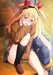  absurdres admiral_hipper_(azur_lane) ahoge alternate_costume azur_lane bag between_legs black_socks blonde_hair blush brown_cardigan brown_footwear cardigan choker classroom collared_shirt commentary cross day desk embarrassed female green_eyes hair_between_eyes hair_ribbon hairband hand_between_legs hand_on_own_knee head_on_hand head_tilt highres indoors iron_cross knee_up kneehighs light_particles loafers long_hair long_sleeves looking_at_viewer mole mole_under_eye oerba_yun_fang on_desk open_mouth open_window petals plaid plaid_skirt pleated_skirt red_ribbon ribbon school_bag school_desk school_uniform school_yard seriya shirt shoes sidelocks sitting skirt sleeves_past_wrists socks solo thighs tsurime two_side_up uniform white_shirt wind window 