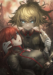  2girls ahoge blonde_hair blood blue_eyes blush breasts city commentary_request cradling_head cross destruction dirty evil_smile gem gloves glowing glowing_eyes hair_between_eyes holding_hands injury iron_cross large_breasts long_hair military military_uniform multiple_girls omeno_(digitalome) one_eye_closed open_mouth parted_lips pink_lips ponytail red_hair short_hair smile tanya_degurechaff uniform viktoriya_ivanovna_serebryakov war white_gloves youjo_senki 