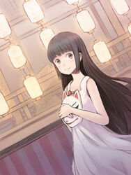  brown_eyes brown_hair commentary_request dress female fox_mask highres lantern long_hair looking_at_viewer mask paper_lantern photoshop_(medium) smile solo sundress yumemizuki 