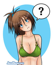  ? bare_shoulders blue_eyes blue_ribbon breasts brown_hair cleavage closed_mouth collarbone commentary_request copyright_request erika_(living_with_hipstergirl_and_gamergirl) female frown hair_between_eyes hair_ribbon head_tilt highres jago_dibuja large_breasts lips living_with_hipstergirl_and_gamergirl looking_at_viewer midriff photoshop_(medium) ponytail ribbon simple_background solo spoken_question_mark the_legend_of_zelda triforce two-tone_background upper_body watermark web_address 