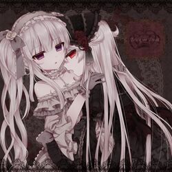  2girls alice_claudia bad_id bad_pixiv_id bare_shoulders choker commentary_request cross english_text gloves gothic_lolita hairband halloween happy_halloween lolita_fashion lolita_hairband long_hair md5_mismatch multiple_girls neck oerba_yun_fang original purple_eyes red_eyes rolo_noir side_ponytail trick_or_treat tsukikage_nemu vampire very_long_hair white_hair yuri 