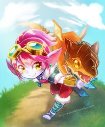  artist_name commentary_request dragon dragon_trainer_tristana earrings feet female fewer_digits fur_trim gauntlets goggles goggles_on_head grass jewelry league_of_legends mizoreame necklace pink_hair pointy_ears riggle_(league_of_legends) short_hair smile toes tristana yellow_eyes yordle 