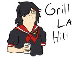  1boy black_hair black_shirt cosplay cup expressionless glasses hair_over_one_eye hank_hill holding holding_cup jpeg_artifacts kill_la_kill king_of_the_hill lowres male_focus matoi_ryuuko matoi_ryuuko_(cosplay) pun red_sailor_collar sailor_collar school_uniform shirt short_hair solo 