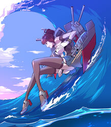  bare_shoulders breasts brown_hair chinese_commentary clenched_teeth cloud commentary_request corset day elbow_gloves female garter_straps gloves huge_breasts jing_mian_tu long_hair miniskirt mutsu_(warship_girls_r) ponytail profile rudder_footwear skirt skirt_tug sky solo teeth thighhighs turret warship_girls_r water waves wrist_cuffs 