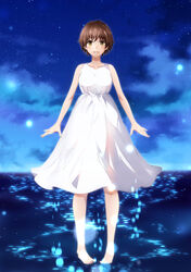  barefoot brown_eyes brown_hair commentary conone dress english_commentary female highres original short_hair sky sleeveless smile solo star_(sky) starry_sky water white_dress 