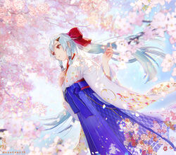  artist_name blue_hair blue_hakama blue_sky bow cherry_blossom_print cherry_blossoms chromatic_aberration commentary_request dappled_sunlight day dutch_angle fate/grand_order fate_(series) feet_out_of_frame female flat_chest floral_print from_below hair_ornament hairbow hairclip hakama hakama_skirt hand_on_own_chest japanese_clothes kimono long_hair long_sleeves outdoors parted_lips photoshop_(medium) ponytail red_bow red_eyes shutsuri sidelocks skirt sky solo spring_(season) standing sunlight tomoe_gozen_(fate) very_long_hair white_kimono wide_sleeves 