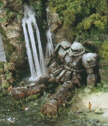  damaged gundam mecha mobile_suit_gundam scenery sunrise_(company) water wreck zaku zaku_ii 