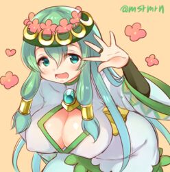  :d aqua_eyes aqua_hair bad_id bad_pixiv_id breasts brooch ceres_(p&amp;d) cleavage_cutout clothing_cutout covered_nipples female hair_tubes hand_up head_wreath jewelry large_breasts leaning_forward long_hair mashiro_miru open_mouth puzzle_&amp;_dragons ring smile solo twitter_username wedding_ring 