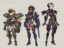  3girls :d arm_blade armor bodysuit bow bracer_phoenix braid breasts brown_eyes brown_hair commentary covered_navel covered_nipples dark-skinned_female dark_skin flipped_hair full_body gauntlets gipsy_avenger greaves gun hairbow headphones highres jaeger_(pacific_rim) leotard light_brown_hair long_hair mecha_musume medium_breasts multicolored_hair multiple_girls obsidian_fury open_mouth pacific_rim pacific_rim:_uprising personification science_fiction short_hair shoshinsha_mark sideboob sidelocks sigm@ silver_hair simple_background smile standing streaked_hair twin_braids very_long_hair weapon yellow_eyes 