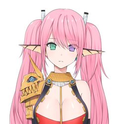  armor bad_id bad_pixiv_id between_breasts breasts canape_(canape0130) chaos_(dungeon_and_fighter) dungeon_and_fighter earrings expressionless female fins green_eyes head_fins heterochromia jewelry knight_(dungeon_and_fighter) large_breasts pink_hair pointy_ears purple_eyes shoulder_armor twintails 