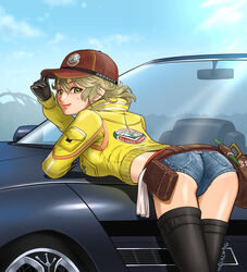  ass baseball_cap belt bent_over blonde_hair car cindy_aurum commentary_request crop_top cropped_jacket denim denim_shorts female final_fantasy final_fantasy_xv from_behind gloves green_eyes hat looking_at_viewer looking_back motor_vehicle regalia_(final_fantasy) short_hair short_shorts shorts smile solo tan tanlines thighhighs ur_(wulfa) 