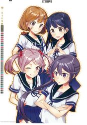  2016 4girls ahoge akebono_(kancolle) animal animal_on_head animal_on_shoulder bandages bell black_hair brown_eyes brown_hair calendar_(medium) crab_on_shoulder crossed_arms drew_(drew213g) flower hair_bell hair_between_eyes hair_flower hair_ornament highres jingle_bell kantai_collection long_hair may multiple_girls oboro_(kancolle) official_art on_head one_eye_closed pink_eyes pink_hair purple_eyes purple_hair rabbit sazanami_(kancolle) school_uniform serafuku short_hair side_ponytail smile twintails ushio_(kancolle) 