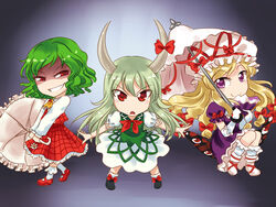  3girls ascot blonde_hair bow chestnut_mouth chibi commentary danmaku!! dress english_commentary ex-keine frilled_legwear from_side gap_(touhou) green_dress green_hair grin hairbow hand_fan hat hat_ribbon horn_ornament horn_ribbon horns kamishirasawa_keine kazami_yuuka legs_apart looking_at_viewer m._beatriz_garcia mary_janes mob_cap multiple_girls open_mouth parasol photoshop_(medium) plaid plaid_skirt plaid_vest puffy_short_sleeves puffy_sleeves purple_dress purple_eyes red_bow red_eyes red_footwear red_ribbon ribbon shoes short_hair short_sleeves simple_background skirt skirt_set smile touhou tsurime umbrella vest white_legwear yakumo_yukari 