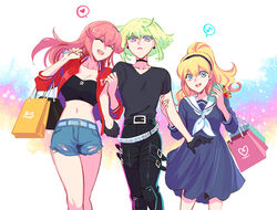  1boy 2girls aina_ardebit anime_coloring bae_(baebae) bag bandeau belt black_shirt blonde_hair blue_eyes breasts choker crop_top denim denim_shorts double_bun hair_bun hairband heart jacket lab_coat large_breasts lio_fotia lucia_fex midriff multicolored_hair multiple_girls navel pink_hair ponytail promare red_jacket sailor_collar shirt shopping_bag short_shorts short_sleeves shorts side_ponytail spoken_heart studded_belt t-shirt two-tone_hair v-neck 