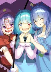  3girls beret blue_eyes blue_hair blue_skirt blue_vest breasts cleavage commentary_request drooling hair_ornament hair_stick hat hat_ornament heterochromia jiangshi juliet_sleeves kaku_seiga karakasa_obake long_sleeves miyako_yoshika multiple_girls piyodesu puffy_sleeves red_eyes sharp_teeth short_hair skirt star_(symbol) star_hat_ornament tatara_kogasa tate_eboshi teeth touhou umbrella vest 