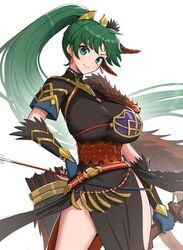  absurdres arrow_(projectile) bad_anatomy bow_(weapon) breasts commentary earrings feather_hair_ornament feathers female fingerless_gloves fire_emblem fire_emblem:_the_blazing_blade fire_emblem_heroes gloves gonzarez green_eyes green_hair hair_ornament hand_on_own_hip highres jewelry large_breasts looking_at_viewer lyn_(brave_lady)_(fire_emblem) lyn_(brave_lady)_(resplendent)_(fire_emblem) lyn_(fire_emblem) official_alternate_costume ponytail quiver simple_background upper_body weapon white_background 