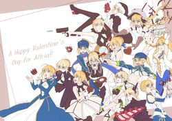  6+girls :&lt; :o ahoge animal_ears armor artoria_caster_(fate) artoria_caster_(first_ascension)_(fate) artoria_pendragon_(alter_swimsuit_rider)_(fate) artoria_pendragon_(alter_swimsuit_rider)_(first_ascension)_(fate) artoria_pendragon_(fate) artoria_pendragon_(lancer)_(fate) artoria_pendragon_(lancer_alter)_(fate) artoria_pendragon_(swimsuit_archer)_(fate) artoria_pendragon_(swimsuit_archer)_(first_ascension)_(fate) artoria_pendragon_(swimsuit_ruler)_(fate) bare_shoulders baseball_cap bikini black-framed_eyewear black_armor black_bow black_capelet black_dress black_gloves black_headwear black_jacket black_one-piece_swimsuit black_shorts black_thighhighs blonde_hair blue_buruma blue_dress blue_eyes blue_headwear blue_jacket blue_legwear blue_necktie blue_pantyhose blue_ribbon blue_scarf blush bow bowtie braid breastplate breasts buruma cake candy capelet chocolate closed_mouth commentary cropped_jacket cup detached_collar detached_sleeves dress drinking english_text fake_animal_ears falling fate/grand_order fate/stay_night fate/unlimited_codes fate_(series) fishnet_pantyhose fishnets food food_in_mouth french_braid fur-trimmed_capelet fur_trim gauntlets glasses gloves green_eyes grey_gloves grey_headwear gun gym_uniform hair_between_eyes hair_ornament hair_ribbon hairbow happy_valentine hat heart heart-shaped_chocolate highres holding holding_chocolate holding_cup holding_food holding_gun holding_sack holding_weapon ice_cream jacket jewelry juliet_sleeves leotard long_hair long_sleeves looking_at_another looking_away medium_breasts mouth_hold mug multiple_girls multiple_persona mysterious_heroine_x_(fate) mysterious_heroine_x_alter_(fate) mysterious_heroine_x_alter_(second_ascension)_(fate) mysterious_heroine_xx_(fate) mysterious_idol_x_alter_(fate) necktie one-piece_swimsuit open_clothes open_jacket open_mouth pantyhose playboy_bunny ponytail puffy_sleeves rabbit_ears ribbon saber_(fate) saber_alter saber_lily sack santa_alter santa_costume santa_hat scarf shayubi shirt short_hair short_shorts shorts sidelocks sleeveless sleeveless_dress small_breasts smile strapless strapless_leotard sweatdrop swimsuit thighhighs tiara twintails valentine very_long_hair weapon white_bikini white_dress white_jacket white_leotard white_shirt wrist_cuffs yellow_eyes 