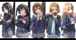  5girls :o akiyama_mio bag black_eyes black_hair black_jacket blazer blonde_hair blue_eyes blue_jacket blue_ribbon blunt_bangs blush brown_eyes brown_hair brown_legwear bubble_tea buttoned_cuffs buttons chocolate chocolate_doughnut closed_mouth collared_shirt commentary_request cowboy_shot crepe cup disposable_cup doughnut dress_shirt drink drinking drinking_straw eating food forehead fruit grey_eyes grey_skirt guitar_case hair_between_eyes hair_ornament hairband hairclip handbag hands_up highres hirasawa_yui holding holding_bag holding_cup holding_drink holding_food holding_strap instrument_case instrument_on_back jacket k-on! kotobuki_tsumugi letterboxed long_hair long_sleeves looking_at_viewer macaron medium_hair miniskirt multiple_girls nakano_azusa neck_ribbon open_clothes open_jacket open_mouth pantyhose parted_lips pleated_skirt red_ribbon ribbon sakuragaoka_high_school_uniform school_bag school_uniform shirt short_hair shoulder_bag simple_background skirt smile standing strawberry superpig tainaka_ritsu thick_eyebrows twintails very_long_hair white_background white_shirt winter_uniform yellow_hairband 