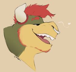  2023 anthro beard bowser bowser_day eyebrows facial_hair facial_piercing hair headshot_portrait heart_symbol hi_res horn koopa male mario_bros minedoo narrowed_eyes nintendo nose_piercing nose_ring open_mouth open_smile piercing portrait ring_piercing scalie side_view simple_background smile solo tan_background teeth text tongue url 