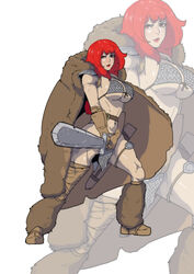  armor bikini_armor boots brown_gloves cape female full_body fur fur_cape gloves highres holding holding_weapon kapitan_gege lipstick long_hair makeup navel open_mouth parted_lips red_eyes red_hair red_lips red_sonja red_sonja_(comics) sheath shoulder_armor shoulder_plates simple_background stomach strap sword teeth weapon white_background 