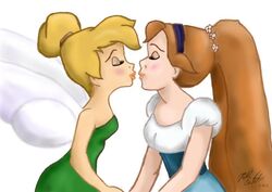  2girls bookxworm89 crossover disney disney_fairies don_bluth fairy female female_only imminent_kiss long_hair multiple_girls peter_pan_(disney) thumbelina_(1994_film) thumbelina_(character) tinker_bell yuri 