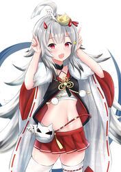  ahoge amano_kusatsu azur_lane blush commentary_request female fur_trim grey_hair hair_ornament hibiki_(azur_lane) highres horns japanese_clothes long_hair long_sleeves looking_at_viewer navel oni_horns open_mouth pleated_skirt red_eyes red_skirt sarashi skirt smile solo thighhighs white_thighhighs 