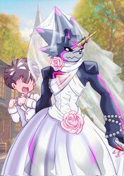  anthro bandai_namco black_body black_sclera blush clothed clothing crossdressing digimon digimon_(species) digimon_ghost_game dress duo gulusgammamon hi_res hiro_amanokawa horn human humor male male/male mammal vfcou wedding_dress wedding_veil 