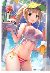  absurdres alcohol artist_name bare_shoulders beach beer beer_mug bikini blue_sky blush breasts cloud cloudy_sky cowboy_shot cup day drinking_straw dual_wielding female food green_eyes hair_ornament hairclip highres holding indoors light_brown_hair long_hair looking_at_viewer medium_breasts melonbooks mug navel ocean open_mouth page_number ponytail scan see-through side-tie_bikini_bottom simple_background sky smile solo sparkle stomach striped_bikini striped_clothes sun sunlight swimsuit thighs tray u_rin visor_cap waitress 