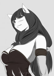  ankama anthro armlet black_hair blush blush_lines breasts cleavage clothed clothing dofus ecaflip felid female fursin grey_background hair hi_res long_hair mammal miranda_(wakfu) monochrome simple_background solo tied_hair wakfu 