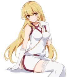  blonde_hair breasts bright_pupils brown_bag brown_eyes closed_mouth commentary_request emblem female gloves gym_shorts gym_uniform holding long_hair looking_at_viewer medium_breasts nemu_mohu school_emblem shirt shokuhou_misaki shorts simple_background sitting smile solo spider_web_print star-shaped_pupils star_(symbol) symbol-shaped_pupils thighhighs toaru_kagaku_no_railgun toaru_kagaku_no_railgun_t toaru_majutsu_no_index tokiwadai_school_gym_uniform very_long_hair white_background white_gloves white_shirt white_shorts white_thighhighs yellow_pupils 