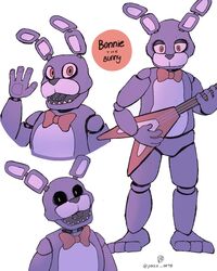  4:5 animatronic anthro black_sclera bonnie_(fnaf) bow_tie english_text fingers five_nights_at_freddy&#039;s gesture guitar half-closed_eyes hi_res lagomorph leporid machine male mammal musical_instrument narrowed_eyes open_mouth pazzarts plucked_string_instrument purple_body rabbit robot scottgames sharp_teeth signature solo string_instrument teeth text waving white_eyes 