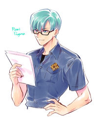  1boy badge bae_(baebae) blue_eyes blue_hair glasses hand_on_own_hip highres holding holding_paper male_focus paper police police_uniform promare reading remi_puguna solo uniform upper_body 