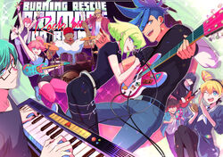  3girls 6+boys aina_ardebit bae_(baebae) band bass_guitar blue_hair cymbals drum drum_set drumsticks electric_guitar galo_thymos green_hair gueira guitar heris_ardebit ignis_ex instrument keyboard_(instrument) lio_fotia lucia_fex male_focus meis_(promare) microphone_stand multiple_boys multiple_girls music pink_hair playing_instrument promare purple_eyes remi_puguna synthesizer tambourine varys_truss 