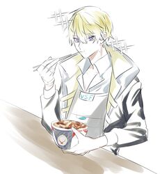  1boy blonde_hair blue_eyes chopsticks eating food highres kaiju_ki male_focus mole mole_on_neck nijisanji nijisanji_en noodles pale_skin ramen solo sonny_brisko sonny_brisko_(1st_costume) sparkle virtual_youtuber white_background 