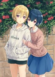  2girls aran_sweater arm_hug blonde_hair blue_hair blue_shorts blue_skirt blush brown_sweater bush cable_knit clothes_writing collared_shirt commentary_request cowboy_shot day drawstring ear_piercing flower hair_between_eyes hands_in_pocket hood hood_down hoodie idolmaster idolmaster_shiny_colors long_sleeves looking_at_viewer miniskirt morino_rinze multiple_girls outdoors parted_lips piercing pink_eyes pocket red_eyes red_flower saijo_juri shirt short_hair shorts skirt sleeves_past_wrists standing suke_(momijigari) sweater white_hoodie white_shirt 