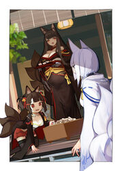  3girls aged_down akagi-chan_(azur_lane) akagi_(azur_lane) akagi_(plum_and_snow)_(azur_lane) animal_ears azur_lane black_hair black_kimono breasts choker commentary_request dual_persona dutch_angle fox_ears holding holding_tray japanese_clothes kaga_(azur_lane) kimono large_breasts long_hair looking_at_another multiple_girls multiple_tails official_alternate_costume open_mouth outdoors pregnant pupps red_choker red_eyes short_hair sidelocks small_breasts standing tail tied_hair tray very_long_hair white_hair white_kimono 