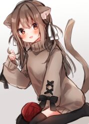  :d animal_ears black_bow black_thighhighs blush bow brown_hair brown_sweater cat_ears cat_girl cat_tail commentary female gradient_background grey_background hair_between_eyes hairbow hand_up heripiro highres long_hair long_sleeves original puffy_long_sleeves puffy_sleeves red_eyes seiza sitting sleeves_past_wrists smile solo sweater tail tail_raised thighhighs turtleneck turtleneck_sweater very_long_hair white_background white_bow yarn yarn_ball 