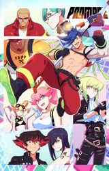  2girls 6+boys aina_ardebit anime_coloring bae_(baebae) blonde_hair blue_eyes blue_hair cone_hair_bun galo_thymos gloves goggles goggles_on_head green_hair gueira hair_bun highres ignis_ex inset lio_fotia lucia_fex matoi meis_(promare) multiple_boys multiple_girls pink_hair promare purple_eyes remi_puguna spiked_hair topless_male varys_truss 