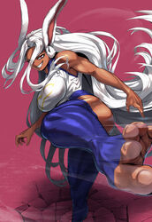  absurd_res animal_humanoid biped breasts clothing dark_body dark_skin digital_media_(artwork) digital_painting_(artwork) feet female glistening glistening_arms glistening_body glistening_clothing glistening_eyes glistening_legs glistening_lips glistening_nose hair hi_res humanoid kick lagomorph lagomorph_humanoid legwear leporid_humanoid lips long_hair looking_at_viewer mammal mammal_humanoid my_hero_academia rabbit_humanoid red_eyes rumi_usagiyama shaded simple_background smile soft_shading solo thigh_highs toes unknown_artist white_hair 