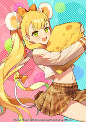  animal_ears azit_(down) blonde_hair bow brown_skirt female green_eyes hairbow highres kathrina_griebel long_hair midriff mouse_ears mouse_girl mouse_tail official_art open_mouth orange_bow plaid plaid_skirt ponytail sidelocks skirt smile solo stuffed_food stuffed_toy tail very_long_hair world_dai_star 