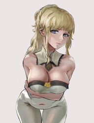  absurdres arecus bad_id bad_pixiv_id bare_shoulders blonde_hair blue_eyes breasts cleavage detached_collar female genshin_impact highres jean_(genshin_impact) long_hair looking_at_viewer pants ponytail sidelocks simple_background solo standing tight_clothes white_background white_pants 