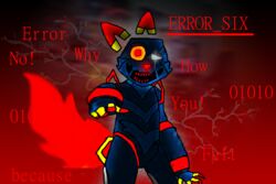  2022 android anthro blue_body dialogue digital_media_(artwork) drcustom e621 english_text error_six esix felid female fingers gesture hand_gesture heterochromia humanoid looking_at_viewer machine mammal mascot open_mouth pointing pointing_at_viewer pupils red_ears red_eyes red_nose red_pupils red_teeth red_text robot smile solo static static_eyes teeth text translated yellow_sclera 