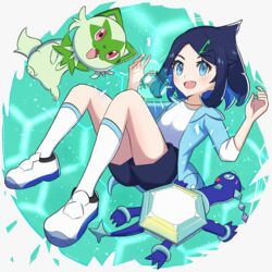  :d aqua_eyes black_hair black_shorts blue_coat blush coat commentary_request cowlick eyelashes female hair_ornament hairclip hands_up jewelry kamiya_(fsck3847) liko_(pokemon) necklace open_clothes open_coat open_mouth pokemon pokemon_(anime) pokemon_(creature) pokemon_horizons shirt shoes shorts smile socks sprigatito terapagos terapagos_(normal) white_footwear white_shirt white_socks 