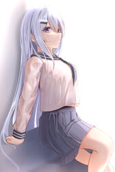  absurdres blue_skirt closed_mouth facing_to_the_side female hair_ornament hair_over_one_eye hairclip highres long_hair long_sleeves looking_at_viewer noir_(noworld) noworld qiyuan_yingluo school_uniform serafuku shirt skirt solo virtual_youtuber white_hair white_shirt 