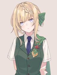  arms_behind_back blonde_hair blue_eyes blue_necktie braid braided_bangs cape closed_mouth collared_shirt expressionless female green_cape green_ribbons green_vest grey_background hair_ribbon hand_on_own_arm highres ichiroku_(sakumogu-029) kantai_collection looking_at_viewer necktie perth_(kancolle) ribbon shirt short_hair_with_long_locks short_sleeves sidelocks simple_background solo upper_body vest white_shirt 