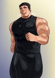  1boy bad_id bad_twitter_id bandages bara black_hair highres jogging large_pectorals male_focus mature_male muscular muscular_male original pants pectorals smile solo sweat tank_top thick_eyebrows tight_clothes track_pants zeroru1111 