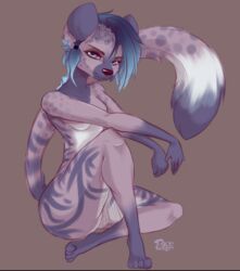  2016 4_toes 5_fingers anthro blue_eyes blue_hair breasts digital_media_(artwork) feet felid feline female fingers hair looking_at_viewer mammal pacevanrign sitting smile solo toes 