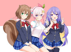  3girls :o absurdres airani_iofifteen alternate_costume animal_ears area_15 ayunda_risu black_legwear blonde_hair blue_hair blue_skirt blush bow breasts brown_hair collared_shirt colored_inner_hair double_v felutiahime gradient_legwear green_eyes hair_between_eyes hairband hairbow highres holding holding_paintbrush hololive hololive_indonesia jumping light_blush loafers long_sleeves looking_at_viewer looking_to_the_side medium_breasts medium_hair moona_hoshinova multicolored_hair multiple_girls oerba_yun_fang one_side_up open_mouth paint paint_splatter paint_splatter_on_face paintbrush palette_hair_ornament pink_hair plaid plaid_skirt pleated_skirt purple_eyes purple_hair school_uniform shirt shoes sidelocks simple_background sitting skirt smile socks squirrel_ears squirrel_girl squirrel_tail star_(symbol) starry_hair swept_bangs tail thighhighs tongue tongue_out twintails uniform v virtual_youtuber white_background white_shirt zettai_ryouiki 