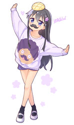  arm_up black_hair black_socks blue_eyes blue_shorts blush bread commentary_request crossed_legs duplicate fake_facial_hair fake_mustache female floral_background food food_on_head full_body hair_between_eyes higero_(wataten) jigatei_(omijin) long_hair long_sleeves looking_at_viewer melon_bread object_on_head outstretched_arm pixel-perfect_duplicate print_sweater puffy_long_sleeves puffy_sleeves purple_sweater shirosaki_hana shoes short_shorts shorts simple_background sleeves_past_wrists socks solo standing sweater uwabaki very_long_hair watashi_ni_tenshi_ga_maiorita! white_background white_footwear 