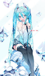  black_footwear black_skirt blue_eyes blue_hair boots bukurote commentary_request female hair_between_eyes hand_on_own_chest hatsune_miku highres ice ice_cube long_hair looking_at_viewer necktie sitting skirt solo thigh_boots thighhighs tongue tongue_out torn_boots twintails very_long_hair vocaloid 